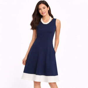 NWT Women's Talbots Navy White Colorblock Fit & Flare Dress M